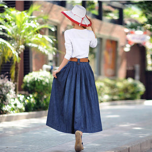 The National Style Retro Medium Long Pleated Denim Skirt