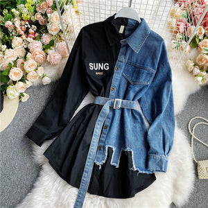 Long-sleeved Denim Stitching Dress