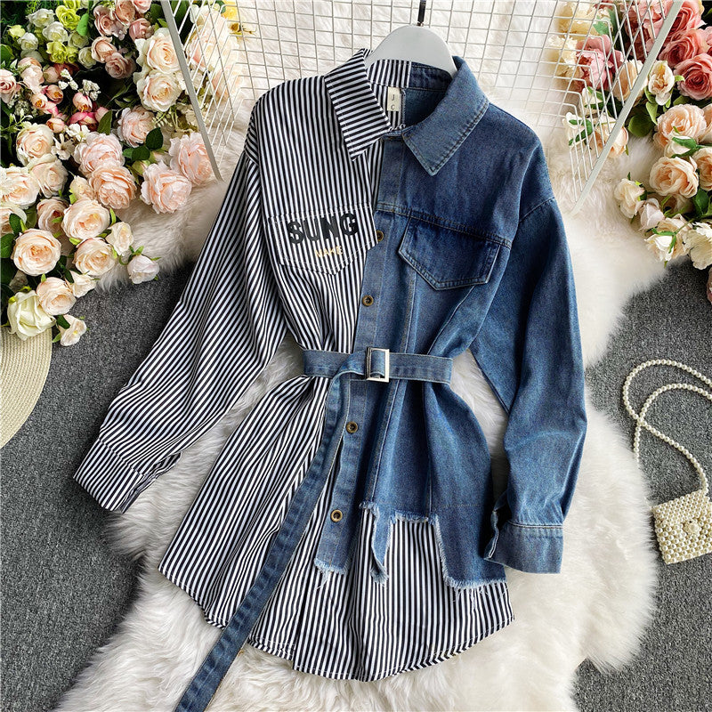 Long-sleeved Denim Stitching Dress