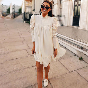 Long sleeve stand collar pleated casual dress women