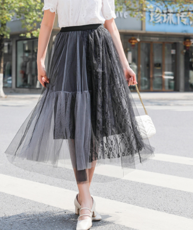 Sweet Star Mid-Length Pleated Flowy Fluffy Mesh Skirt