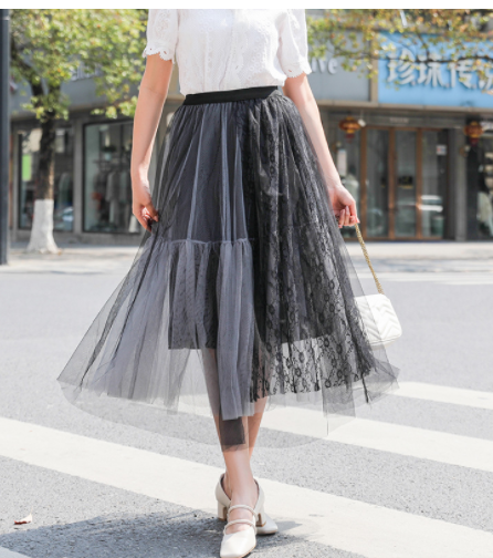 Sweet Star Mid-Length Pleated Flowy Fluffy Mesh Skirt