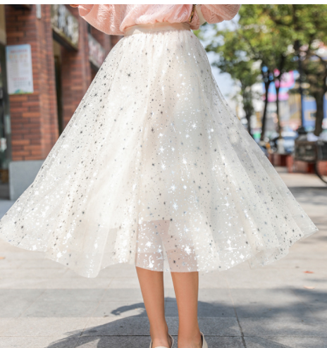 Sweet Star Mid-Length Pleated Flowy Fluffy Mesh Skirt