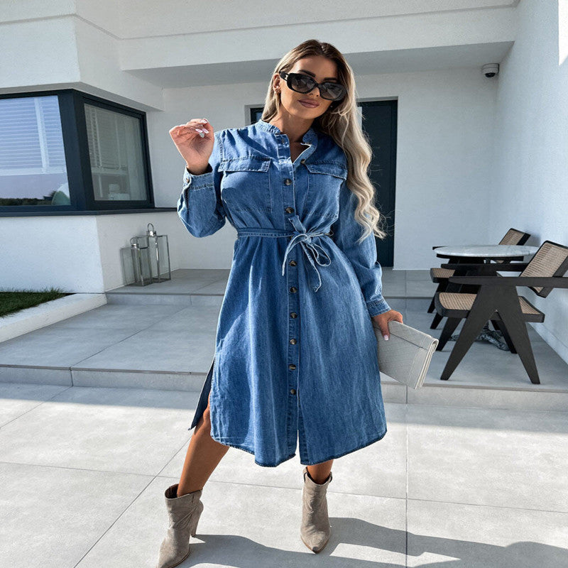 Casual Polo Collar Denim Dress