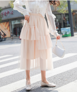 Sweet Star Mid-Length Pleated Flowy Fluffy Mesh Skirt