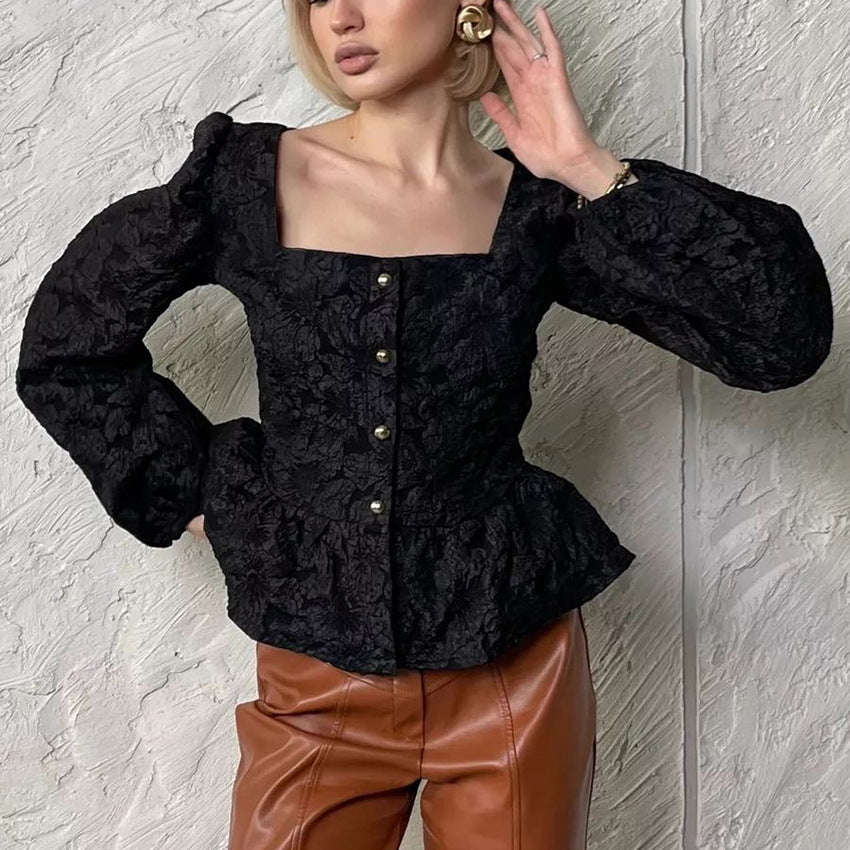 Square Collar Jacquard Blouse