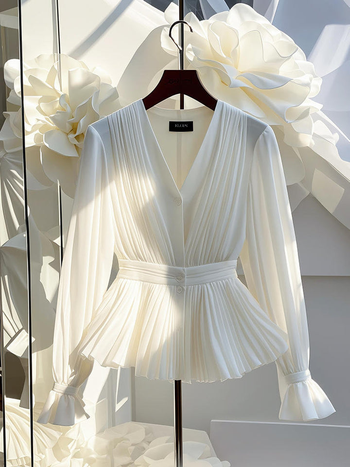 Pleated V-neck Long Sleeve Top