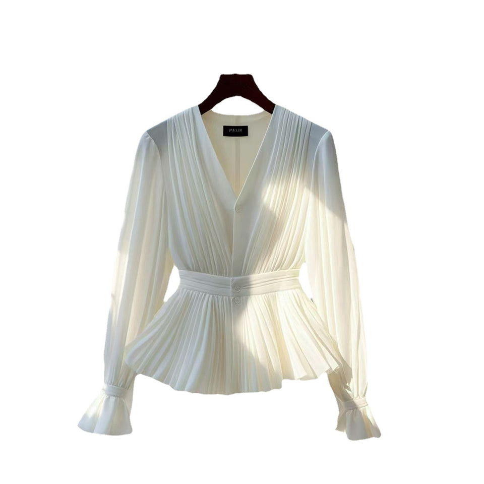 Pleated V-neck Long Sleeve Top