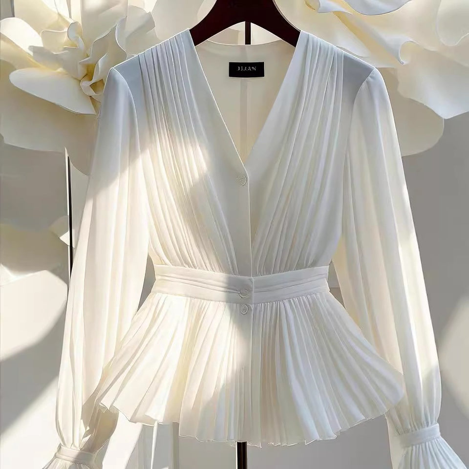 Pleated V-neck Long Sleeve Top