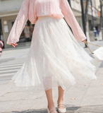 Sweet Star Mid-Length Pleated Flowy Fluffy Mesh Skirt